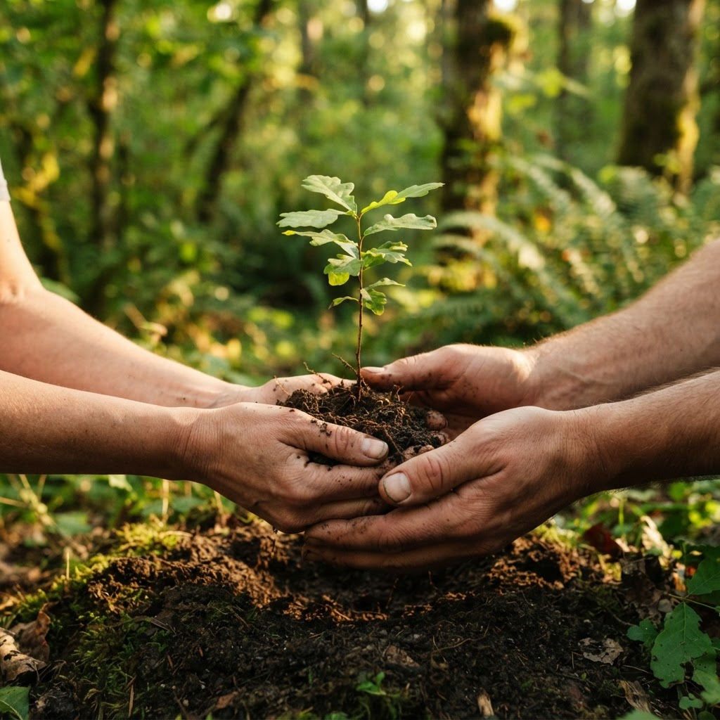 Mãos segurando uma muda nativa com terra, ao fundo uma floresta