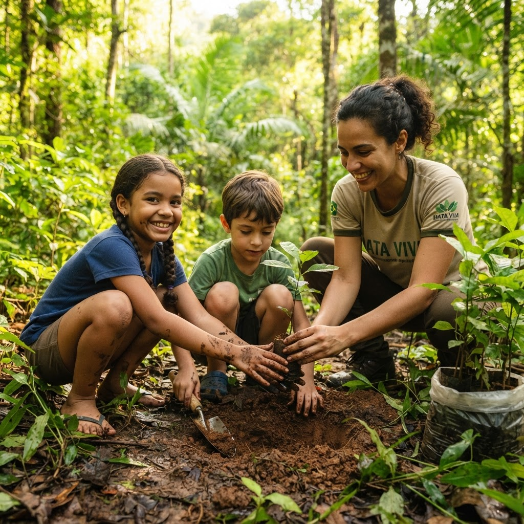Crianças e educadora plantando mudas nativas em uma clareira de mata atlântica