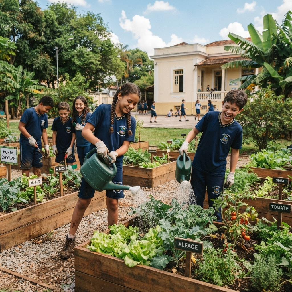 Estudantes uniformizados regando canteiros de uma horta escolar