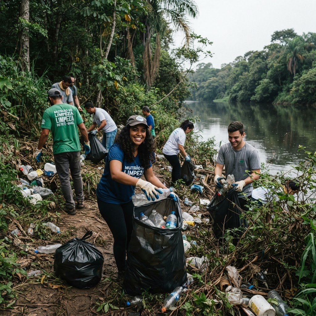 Voluntários recolhendo resíduos plásticos na margem de um rio