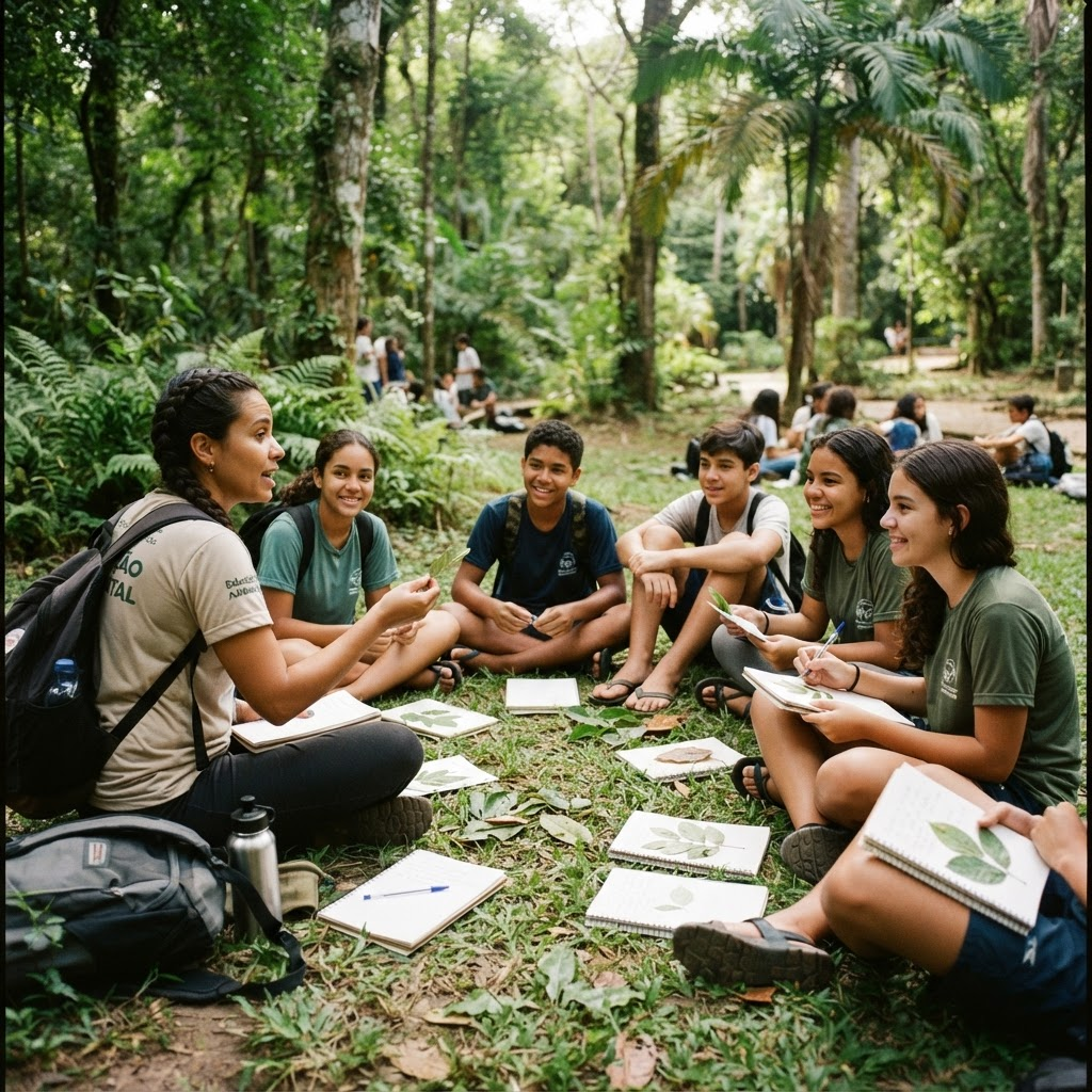 Roda de conversa de educação ambiental com adolescentes e educador em um parque